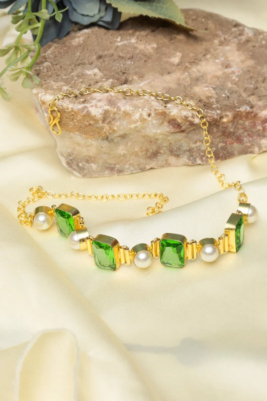 Zehnaz - Green Stone & Pearl Choker Gold-Tone Kundan-Inspired Jewelry