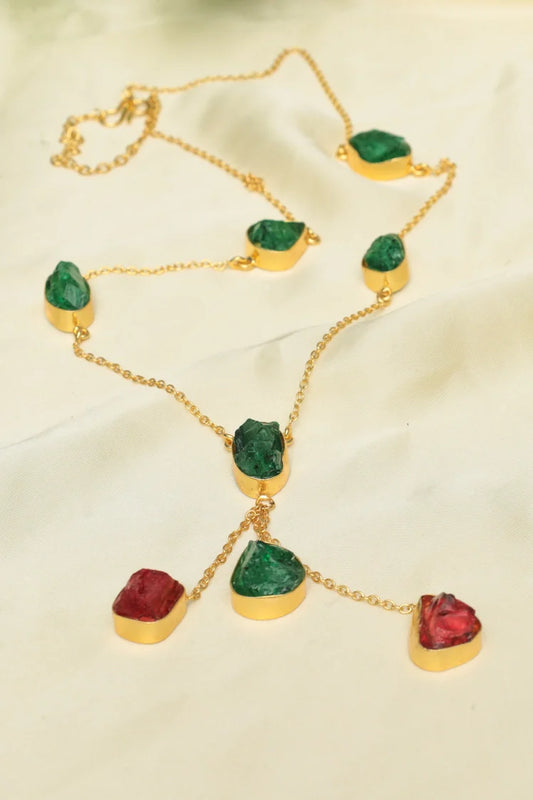 Zehnaz - Handmade Green & Red Gemstone Necklace Gold-Plated Bohemian Jewelry