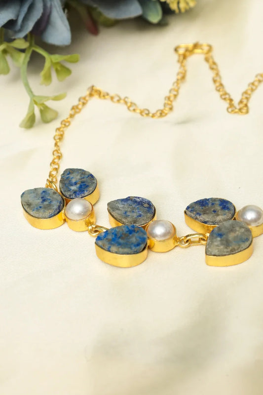 Zehnaz - Lapis & Pearl Necklace Handmade Gold-Plated Jewelry