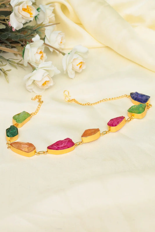Zehnaz - Multicolor Gem Necklace Gold-Plated Statement Jewelry