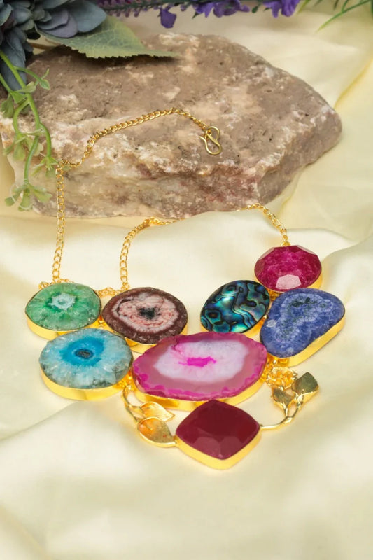 Zehnaz - Multi Gem Statement Necklace Gold-Plated Bohemian Jewelry