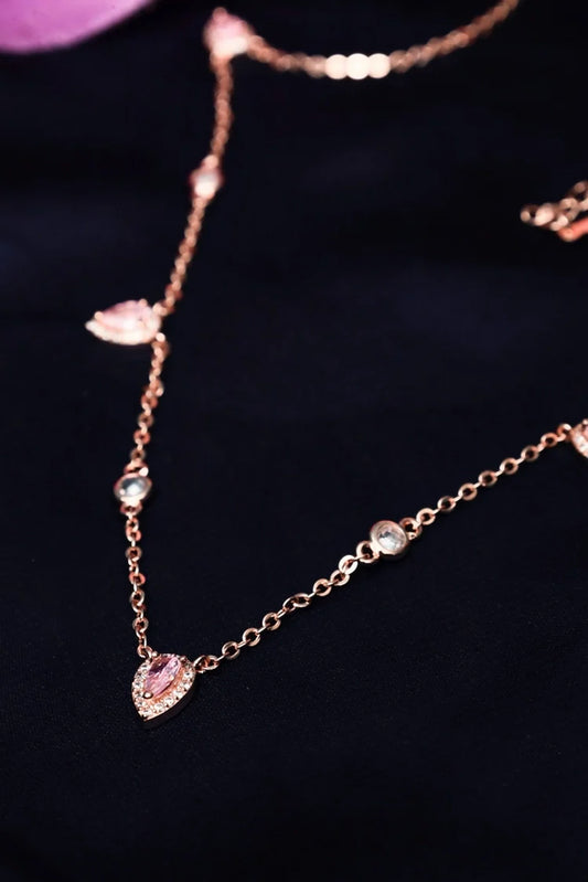 Zehnaz - Rose Gold CZ Heart & Teardrop Charm Necklace Dainty Jewelry