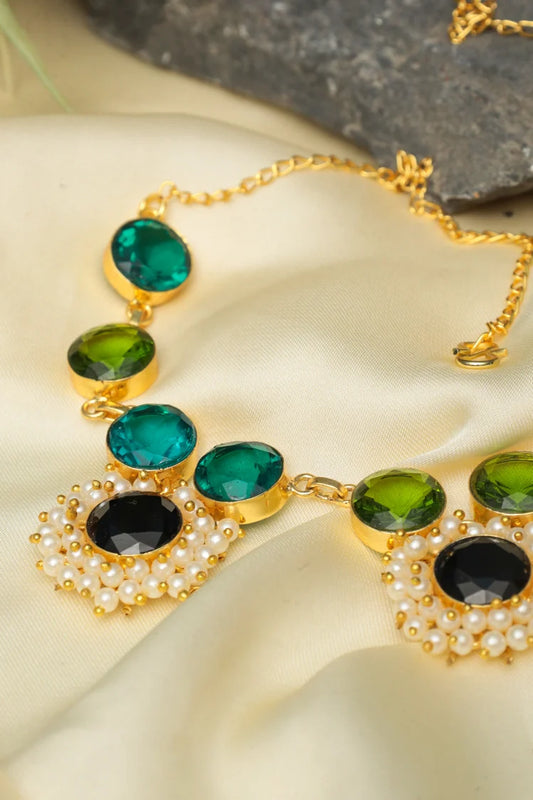 Zehnaz - Royal Green & Black Necklace Gold-Plated Ethnic Statement Jewelry