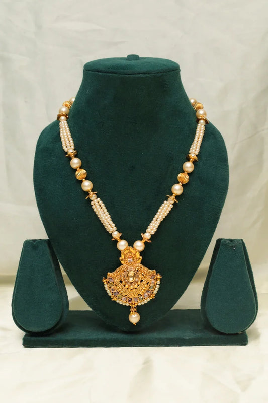Zehnaz - Gold-Plated Temple Pearl Necklace Traditional Design