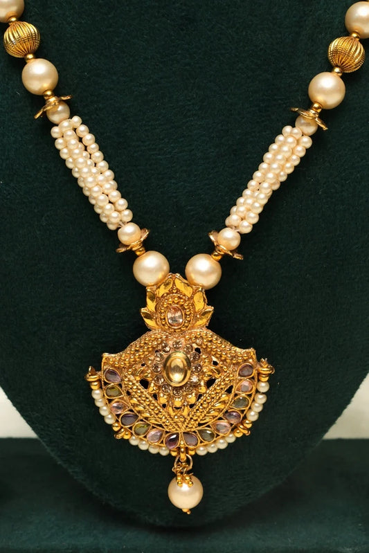 Zehnaz - Gold-Plated Temple Pearl Necklace Traditional Design