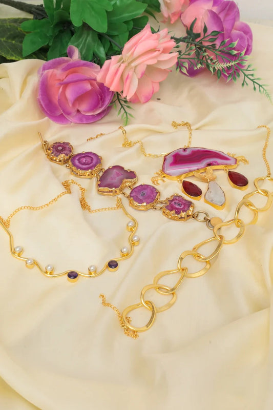 Zehnaz - Agate Amethyst Gold-Plated Boho Jewellery Set