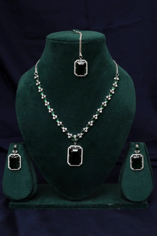 Zehnaz - Emerald Style Green & Black Silver-Plated American Diamond Jewellery Set