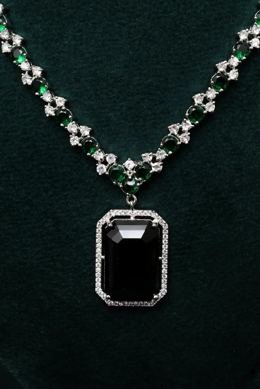Zehnaz - Emerald Style Green & Black Silver-Plated American Diamond Jewellery Set
