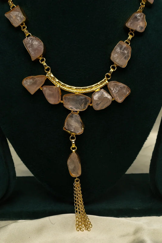 Zehnaz - Gold-Plated Raw Rose Quartz Necklace & Earring Set Pink Stone Jewelry