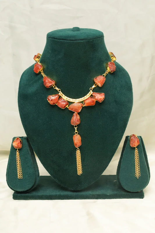 Zehnaz - Gold-Plated Raw Orange Stone Necklace & Earring Set Boho Style