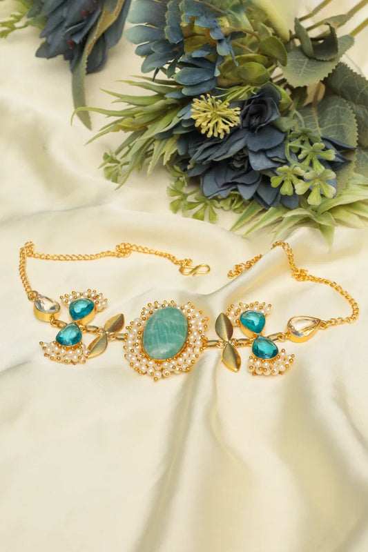 Zehnaz - Turquoise & Pearl Gold-Plated Choker Necklace Set