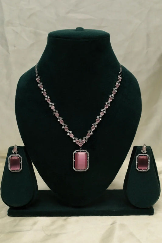 Zehnaz - Silver Plated American Diamond Necklace Set with Pink Center Stone