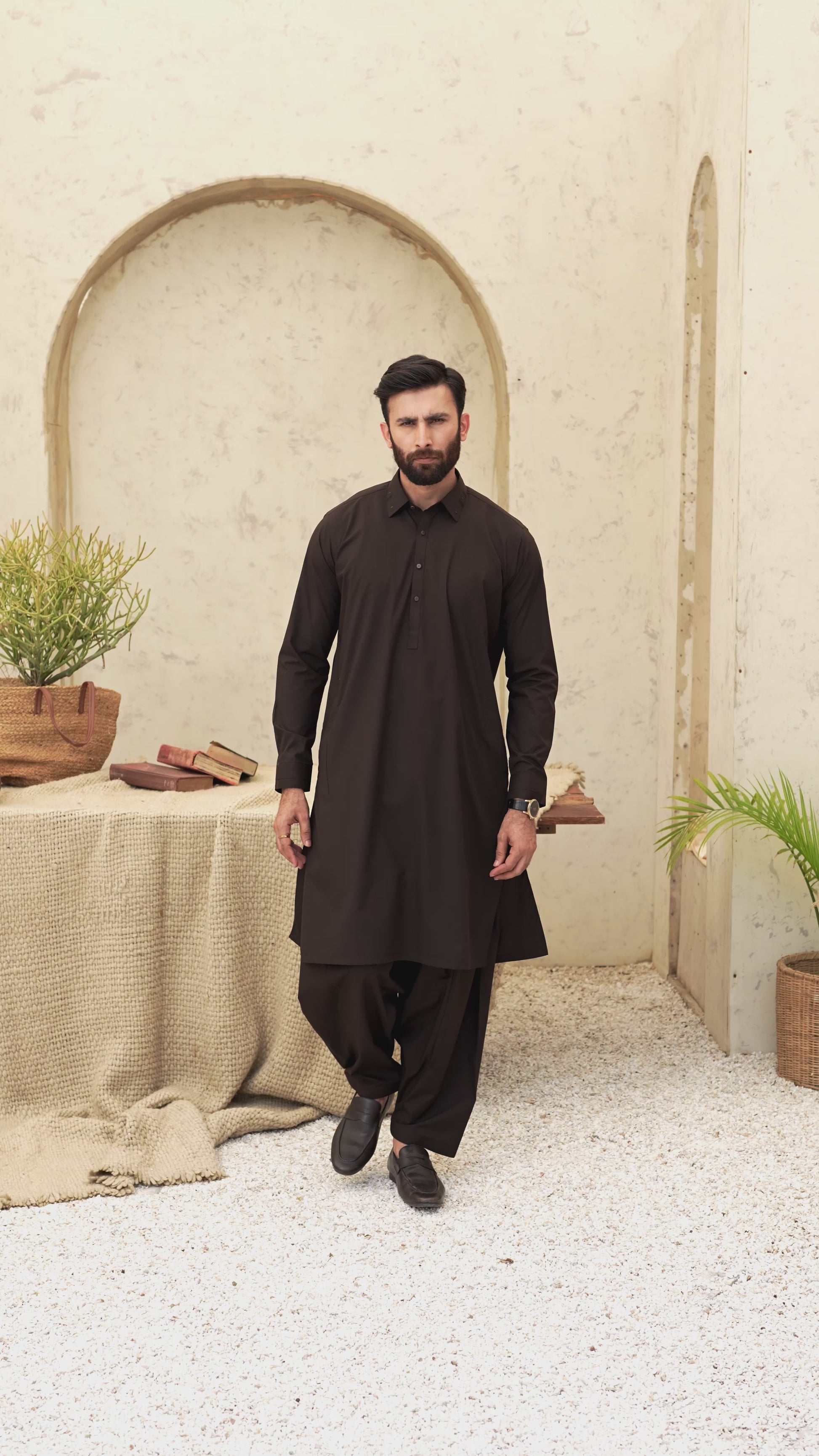 Black Pearl - Wash & Wear | Dark Brown Collar Shalwar Kameez