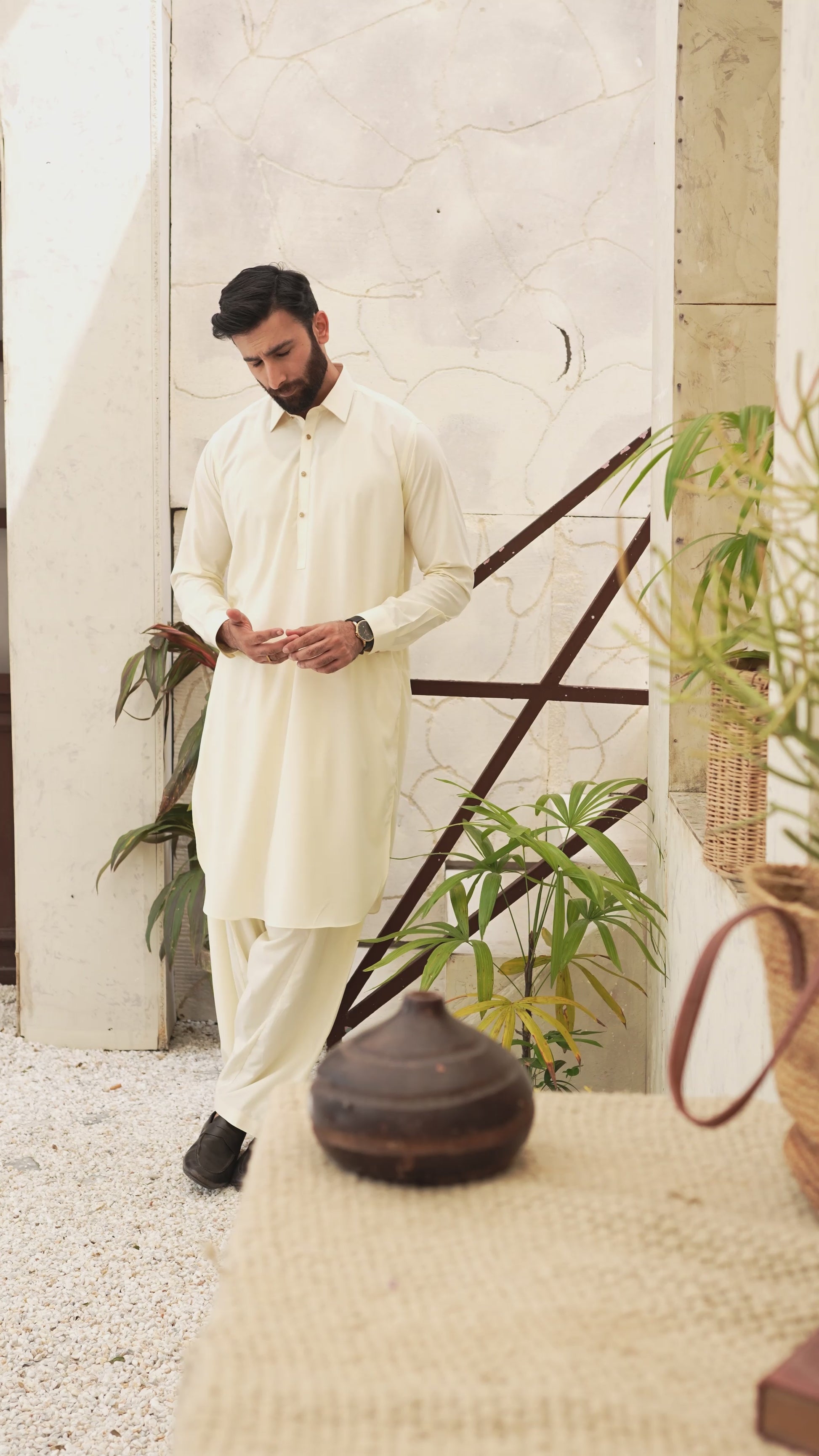 Black Pearl - Wash & Wear | Cream Collar Shalwar Kameez