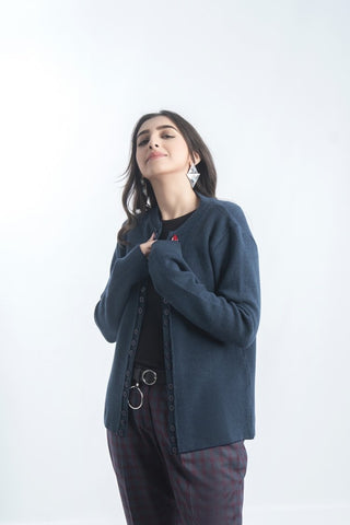 Picture of Raja Sahib - Women's Round-Neck Merino Wool Blend Full Sleeves Cardigan Sweater Navy - Available at Raja Sahib