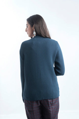 Picture of Raja Sahib - Women's Round-Neck Merino Wool Blend Full Sleeves Cardigan Sweater Navy - Available at Raja Sahib