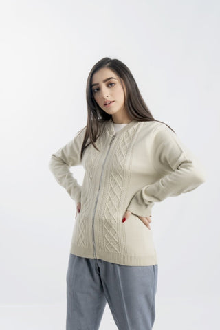 Picture of Raja Sahib - Women's Round-Neck Merino Wool Blend Full Sleeves Cardigan Sweater Beige - Available at Raja Sahib