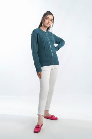 Picture of Women's Round-Neck Merino Wool Blend Full Sleeves Cardigan Sweater Dark Cyan - Available at Raja Sahib