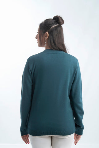 Picture of Women's Round-Neck Merino Wool Blend Full Sleeves Cardigan Sweater Dark Cyan - Available at Raja Sahib