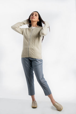 Picture of Raja Sahib - Women's Round-Neck Merino Wool Blend Full Sleeves Cardigan Sweater Beige - Available at Raja Sahib