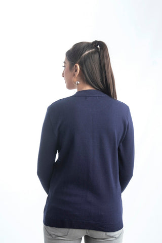 Picture of Raja Sahib - Women's Round-Neck Merino Wool Blend Full Sleeves Cardigan Sweater Navy - Available at Raja Sahib