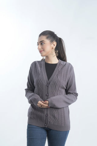 Picture of Raja Sahib - Women's V-Neck Merino Wool Blend Full Sleeves Cardigan Sweater Dark Grey - Available at Raja Sahib