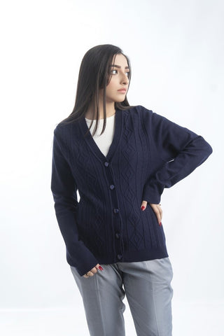 Picture of Raja Sahib - Women's V-Neck Merino Wool Blend Full Sleeves Cardigan Sweater Navy - Available at Raja Sahib