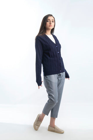 Picture of Raja Sahib - Women's V-Neck Merino Wool Blend Full Sleeves Cardigan Sweater Navy - Available at Raja Sahib