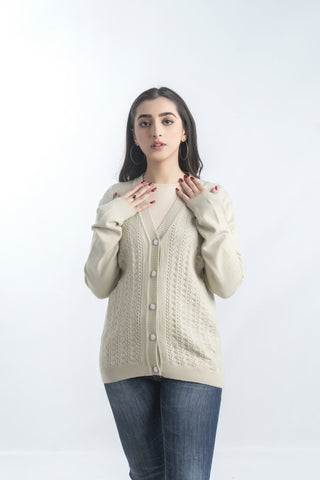 Picture of Raja Sahib - Women's V-Neck Merino Wool Blend Full Sleeves Cardigan Sweater Beige - Available at Raja Sahib