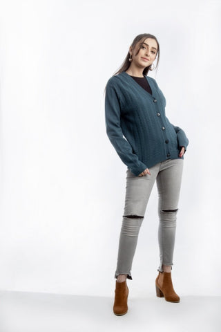 Picture of Raja Sahib - Women's V-Neck Merino Wool Blend Full Sleeves Cardigan Sweater Dark Cyan - Available at Raja Sahib