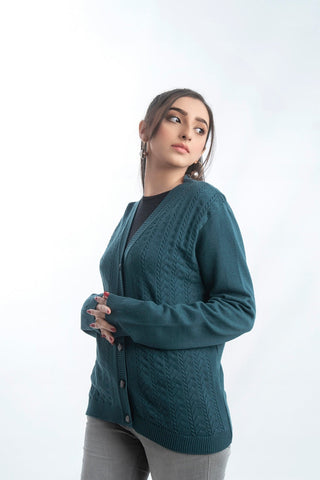 Picture of Raja Sahib - Women's V-Neck Merino Wool Blend Full Sleeves Cardigan Sweater Dark Cyan - Available at Raja Sahib