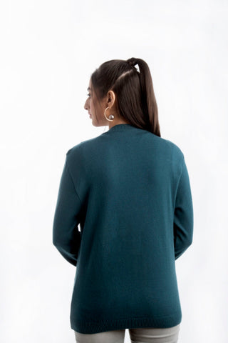 Picture of Raja Sahib - Women's V-Neck Merino Wool Blend Full Sleeves Cardigan Sweater Dark Cyan - Available at Raja Sahib