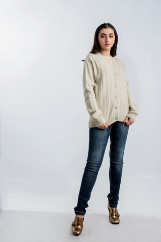 Picture of Raja Sahib - Women's V-Neck Merino Wool Blend Full Sleeves Cardigan Sweater Beige - Available at Raja Sahib