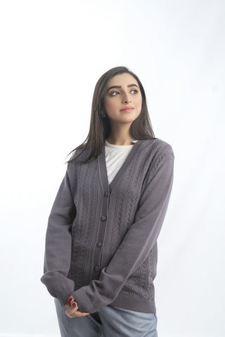 Picture of Raja Sahib - Women's V-Neck Merino Wool Blend Full Sleeves Cardigan Sweater Dark Grey - Available at Raja Sahib