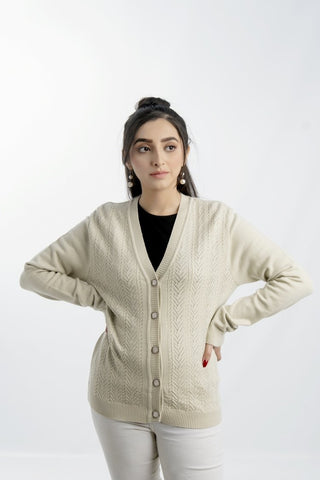 Picture of Raja Sahib - Women's V-Neck Merino Wool Blend Full Sleeves Cardigan Sweater Beige - Available at Raja Sahib