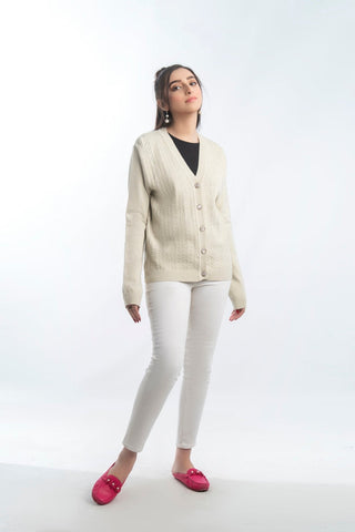 Picture of Raja Sahib - Women's V-Neck Merino Wool Blend Full Sleeves Cardigan Sweater Beige - Available at Raja Sahib