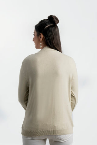 Picture of Raja Sahib - Women's V-Neck Merino Wool Blend Full Sleeves Cardigan Sweater Beige - Available at Raja Sahib