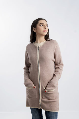 Picture of Women's Round-Neck Merino Wool Blend Full Sleeves Cardigan Sweater Misty Rose - Available at Raja Sahib