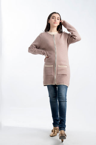 Picture of Women's Round-Neck Merino Wool Blend Full Sleeves Cardigan Sweater Misty Rose - Available at Raja Sahib