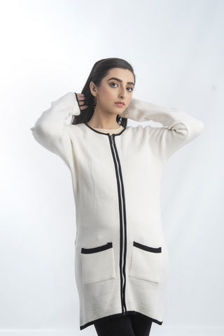 Picture of Raja Sahib - Women's Round-Neck Merino Wool Blend Full Sleeves Cardigan Sweater Off White - Available at Raja Sahib