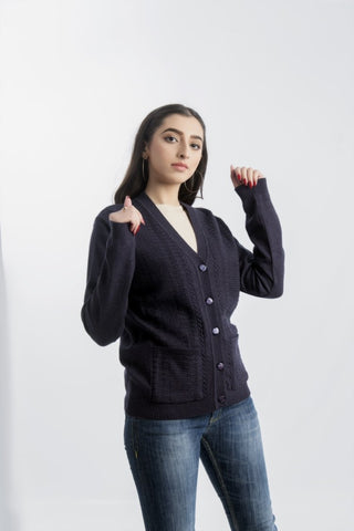 Picture of Women's V-Neck Merino Wool Blend Full Sleeves Cardigan Sweater Dark Blue - Available at Raja Sahib