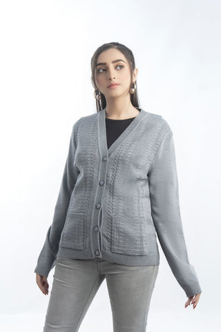 Picture of Raja Sahib - Women's V-Neck Merino Wool Blend Full Sleeves Cardigan Sweater Grey - Available at Raja Sahib