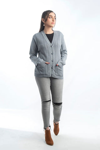 Picture of Raja Sahib - Women's V-Neck Merino Wool Blend Full Sleeves Cardigan Sweater Grey - Available at Raja Sahib