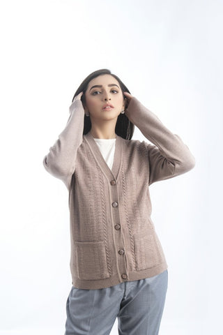 Picture of Raja Sahib - Women's V-Neck Merino Wool Blend Full Sleeves Cardigan Sweater Beige - Available at Raja Sahib