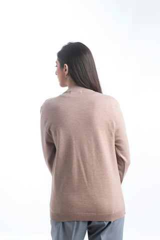 Picture of Raja Sahib - Women's V-Neck Merino Wool Blend Full Sleeves Cardigan Sweater Beige - Available at Raja Sahib