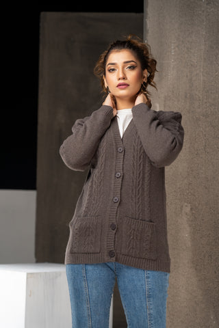 Picture of Raja Sahib - Women's V-Neck Merino Wool Blend Full Sleeves Cardigan Sweater Dark Grey - Available at Raja Sahib