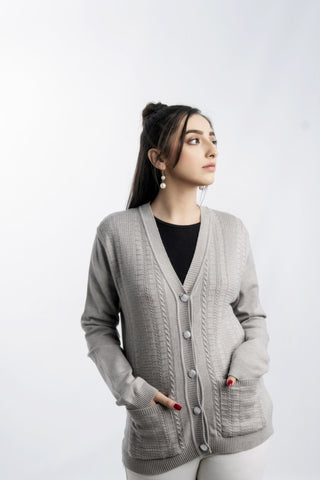 Picture of Raja Sahib - Women's V-Neck Merino Wool Blend Full Sleeves Cardigan Sweater Light Grey - Available at Raja Sahib