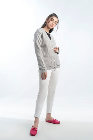 Picture of Raja Sahib - Women's V-Neck Merino Wool Blend Full Sleeves Cardigan Sweater Light Grey - Available at Raja Sahib