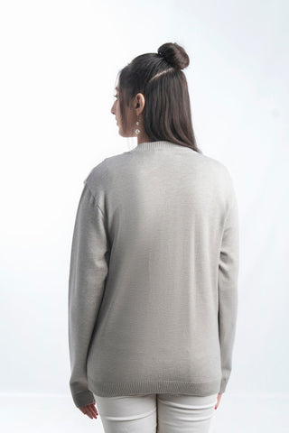 Picture of Raja Sahib - Women's V-Neck Merino Wool Blend Full Sleeves Cardigan Sweater Light Grey - Available at Raja Sahib