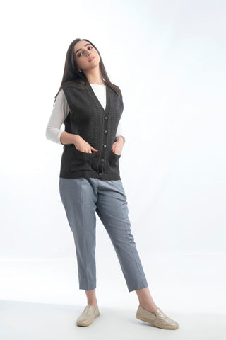 Picture of Raja Sahib - Women's V-Neck Merino Wool Blend Full Sleeves Cardigan Sweater Dark Grey - Available at Raja Sahib